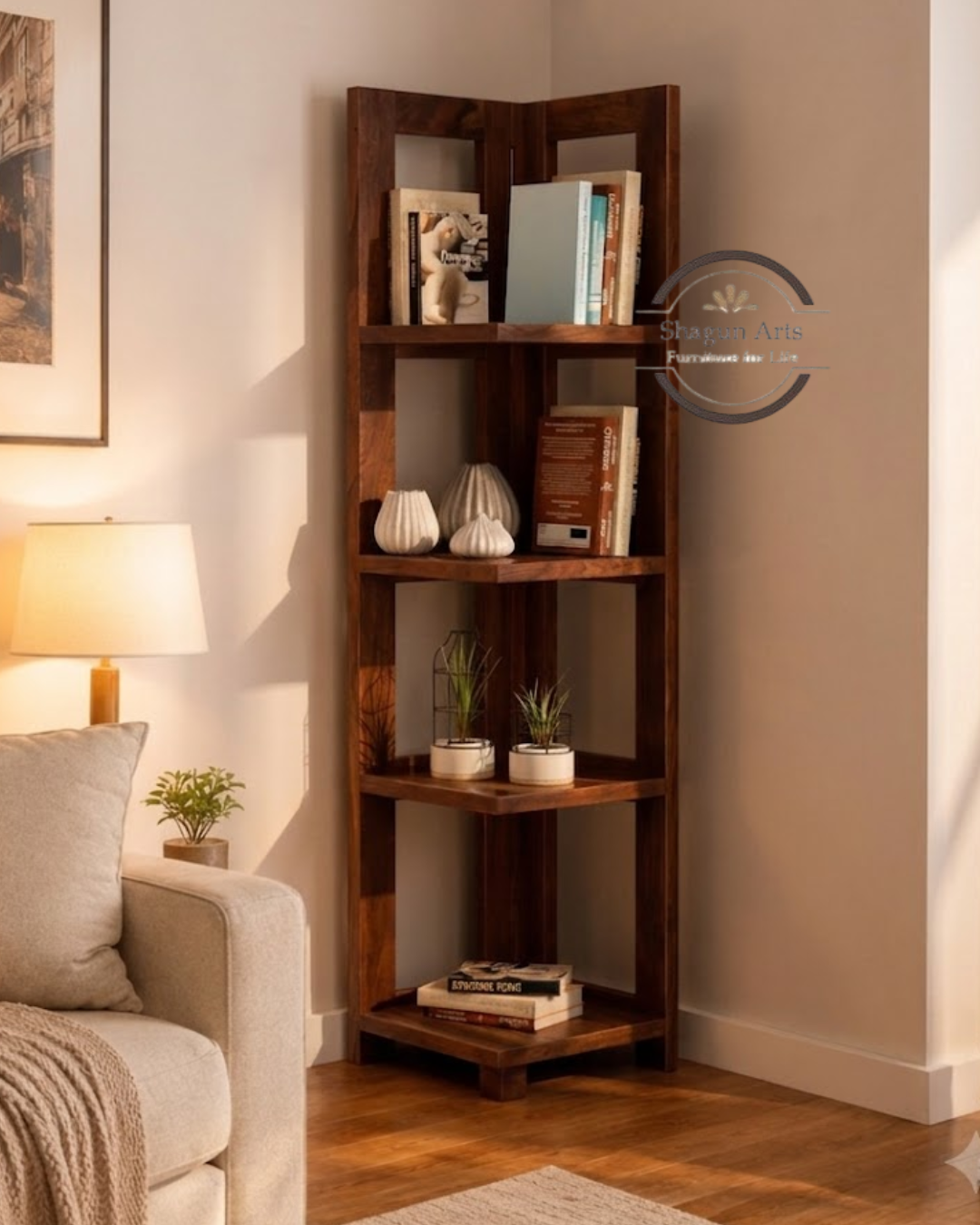 Severino Solid Sheesham Wood Corner Bookshelf in Honey Oak Finish