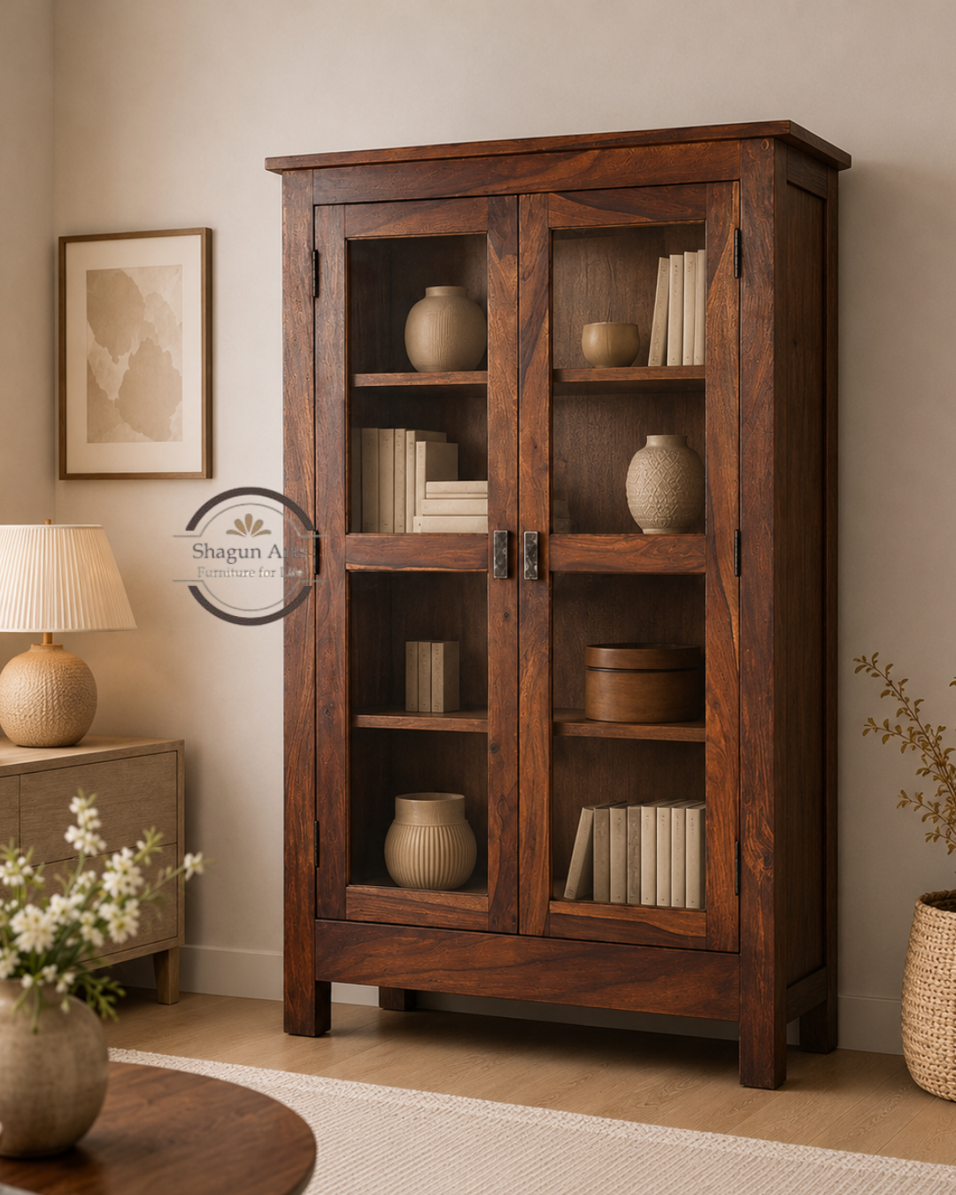 Pietro Tiffany Display Shelf Sheesham Wood 2-Door Display Cabinet in Honey Oak Finish