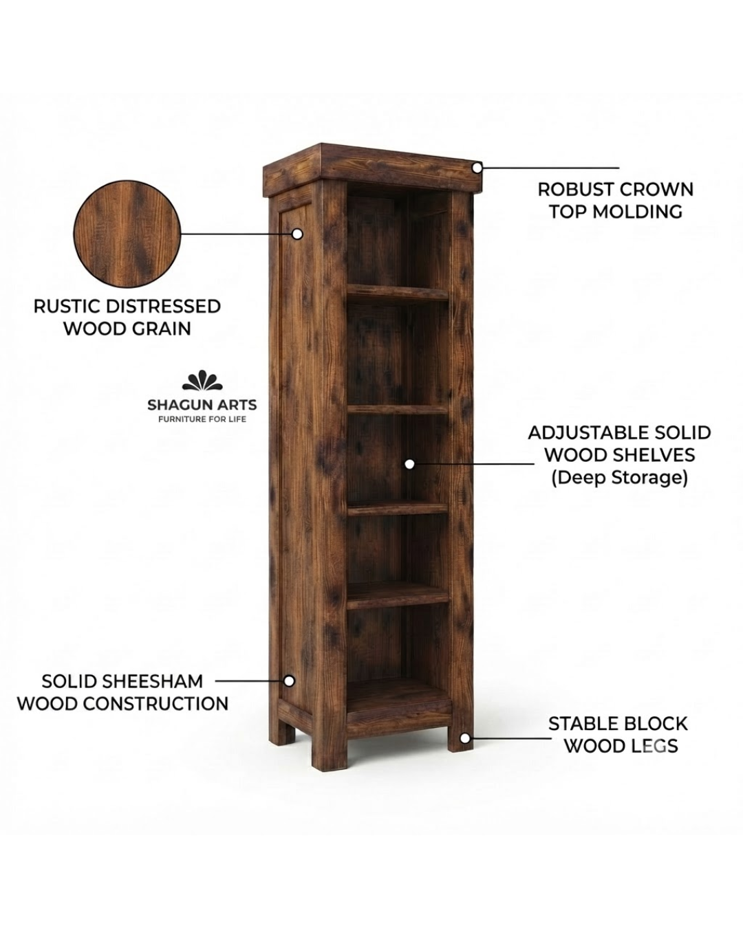 Stanfield Solid Sheesham Wooden 4-Tier Corner Book Shelf In Natural Brown Finish
