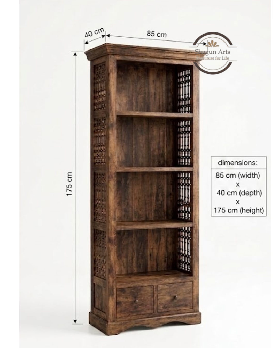 Emerson Solid Wood Bookshelf with 4 Open Shelves and 2 Bottom Drawers In Provencial Teak Finish