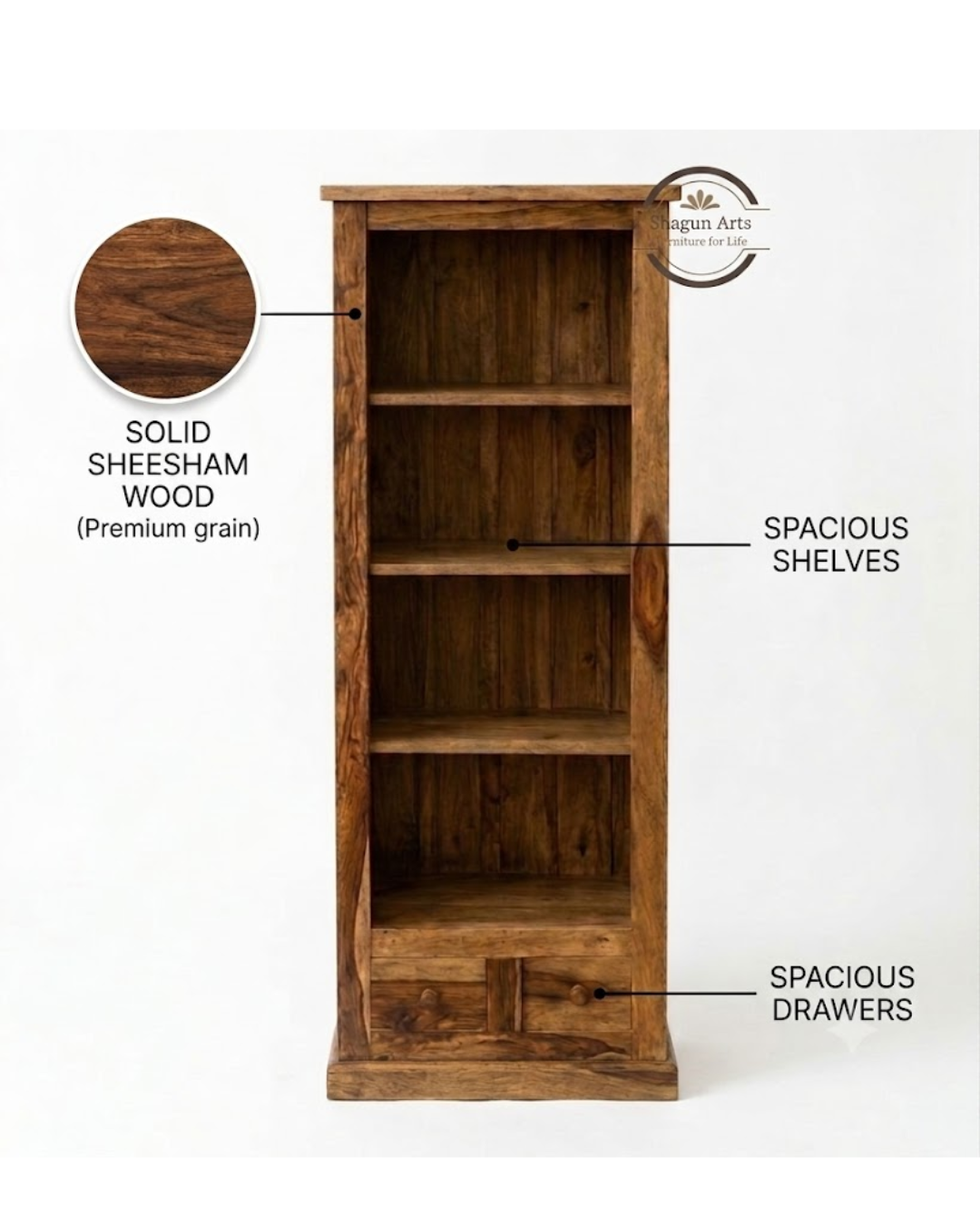 Oriel Solid Sheesham Wood 4-Shelf Bookshelf with Drawers In Natural Finish