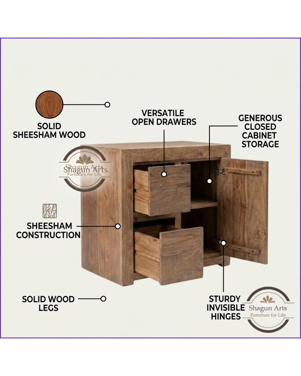 Tapan Solid Sheesham Wood Bedside Table with Spacious Drawer and Spacious Cabinet In Natural Brown Finish