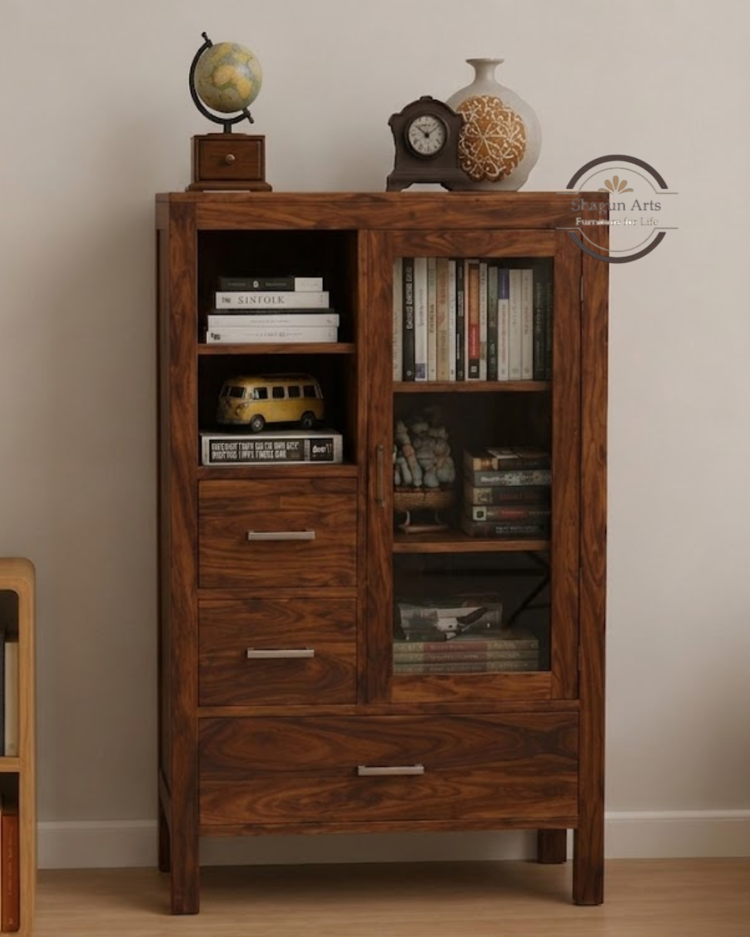 Theo Solid Sheesham Wood Multi-Storage Bookshelf Carnegie Cabinet