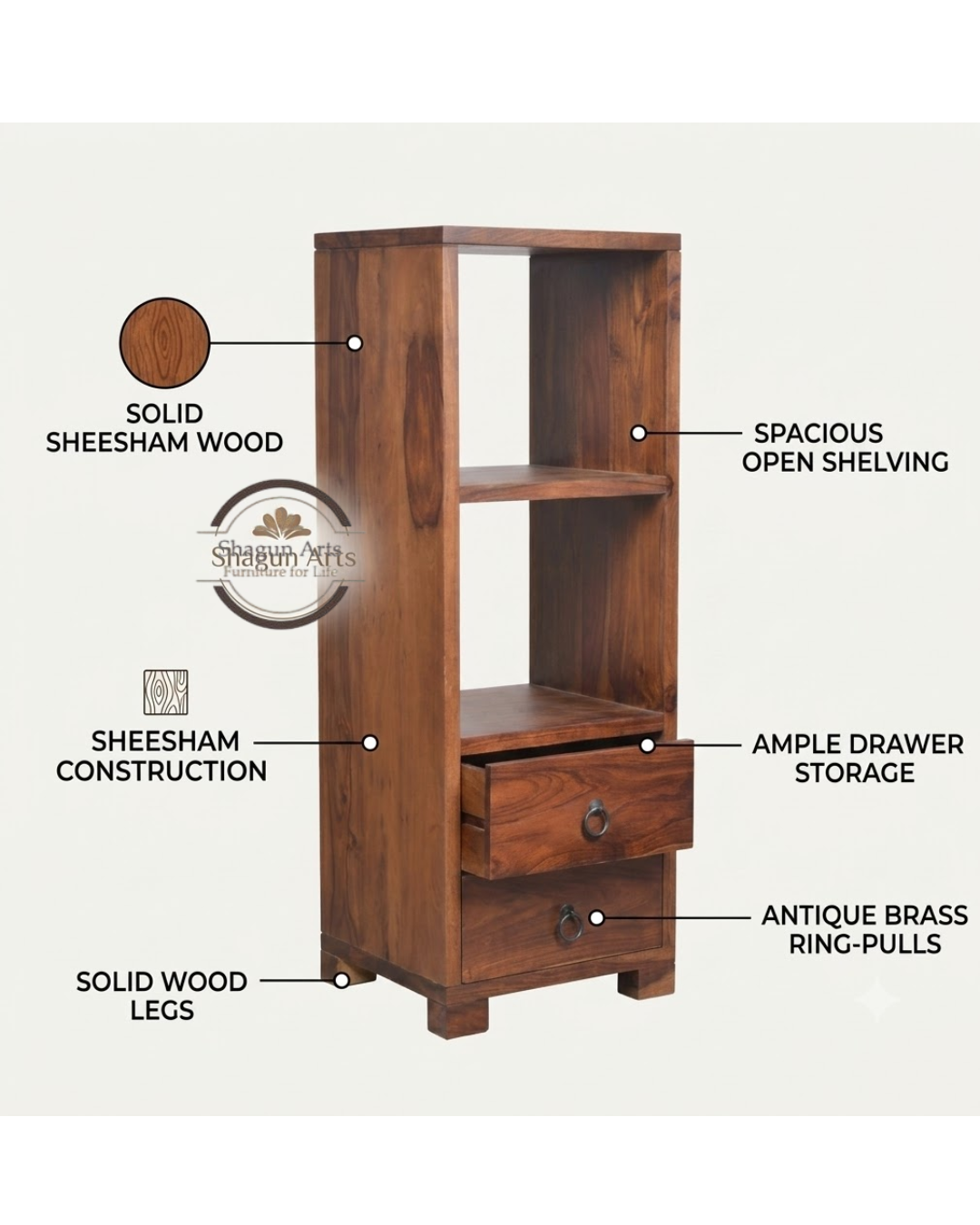 Megumi Solid Sheesham Wood Storage Cabinet with Open Shelves & 2 Drawers In Provencial Teak Finish