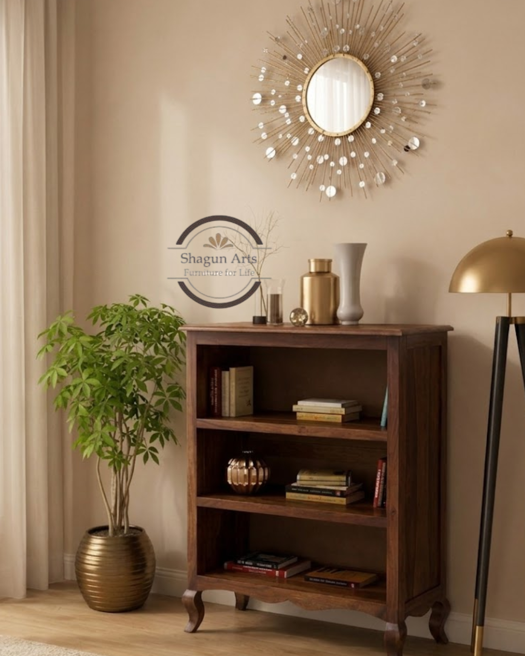 Osias Solid Sheesham Wood Bookshelf with Curved Legs In Provencial Teak Finish
