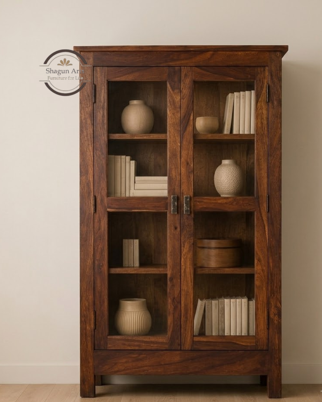 Pietro Tiffany Display Shelf Sheesham Wood 2-Door Display Cabinet in Honey Oak Finish