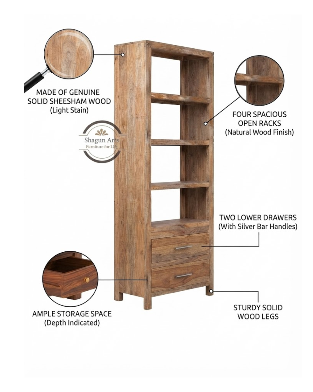 Eldrige Solid Wood 4-Tier Bookshelf with 2 Bottom Drawers In Natural Brown Finish