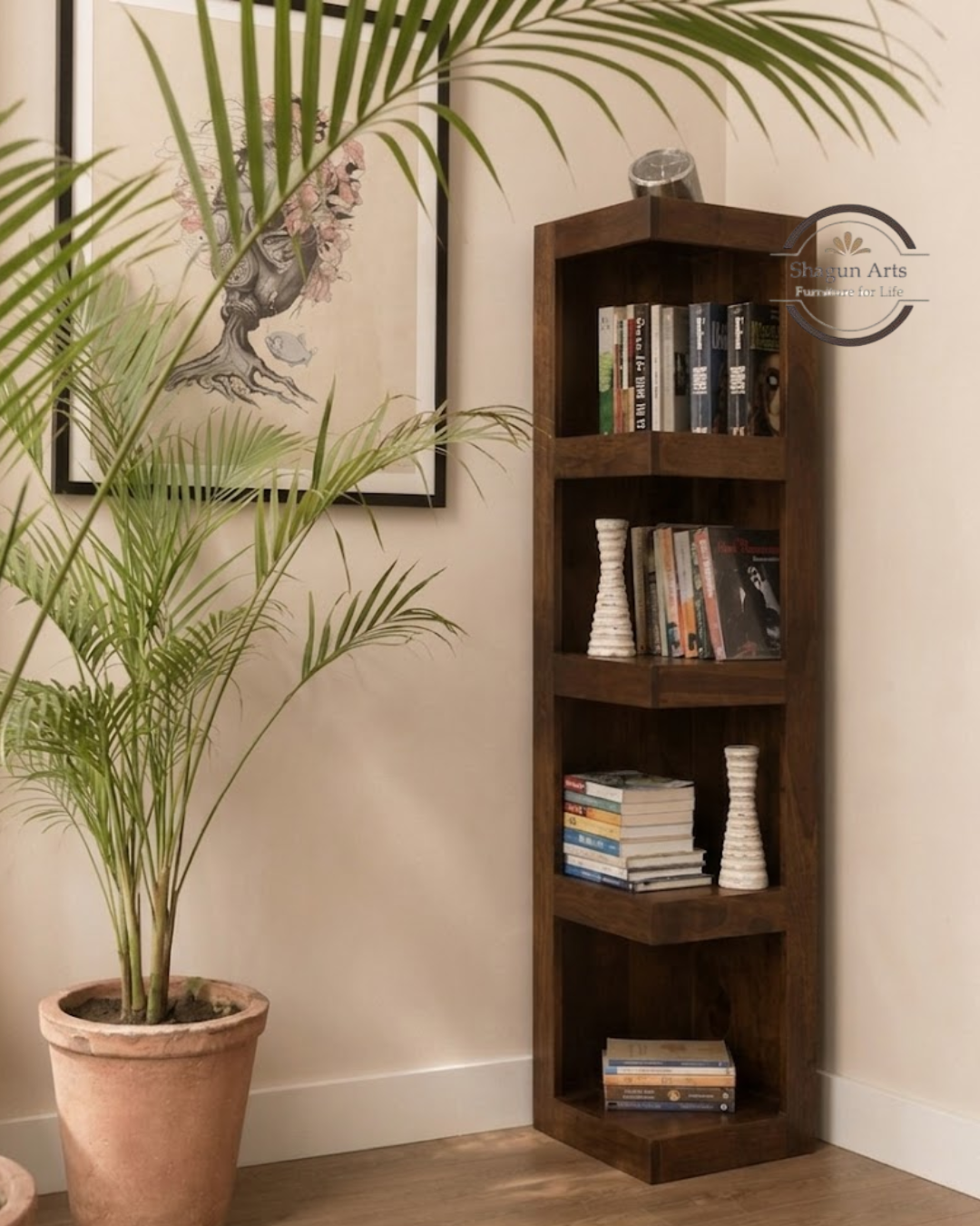 Anderson Solid Sheesham Wood 4-Tier Corner Bookshelf in Provincial Teak Finish