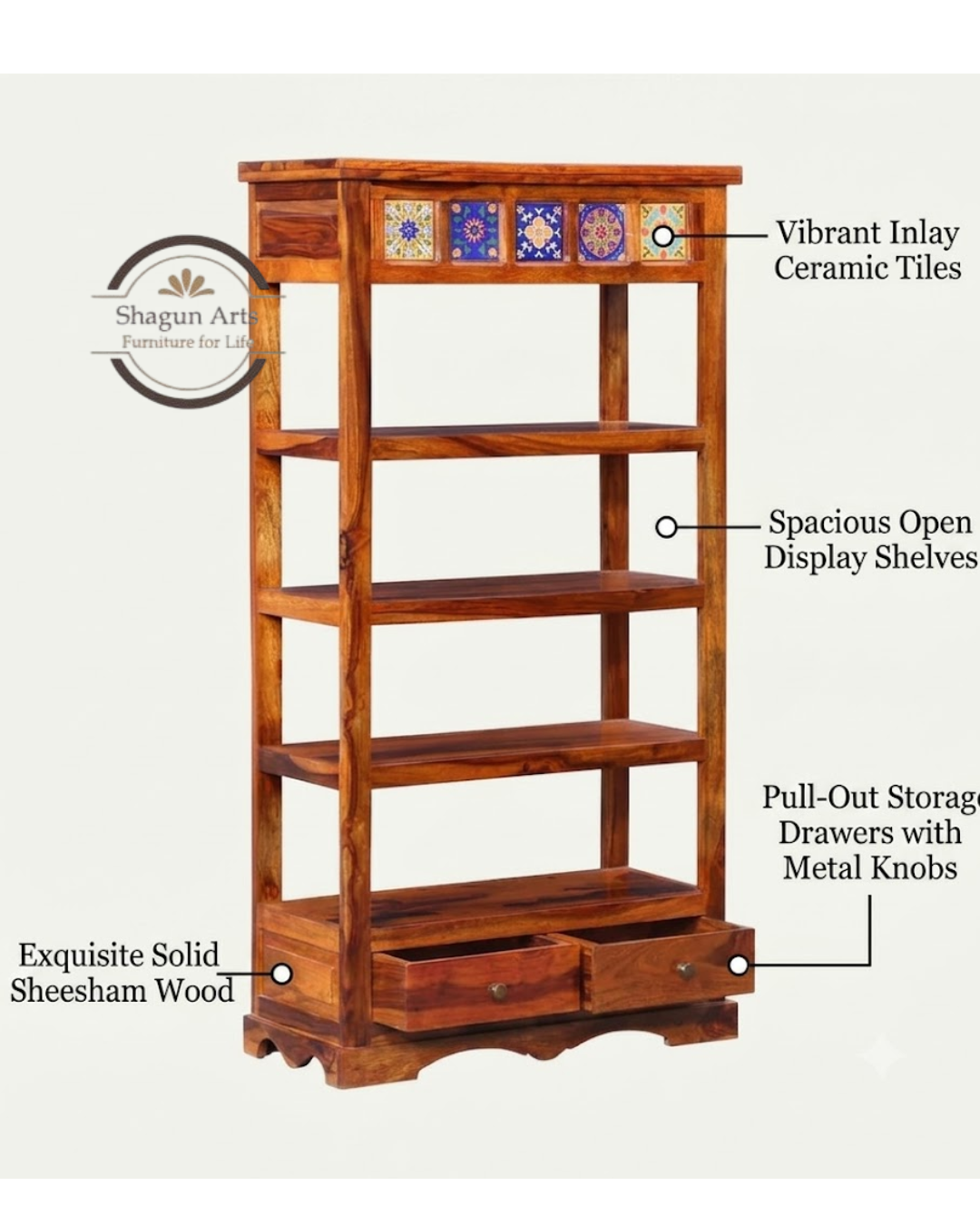 Lacey Solid Sheesham Wood Bookshelf with Decorative Tile Accent in Honey Oak Finish