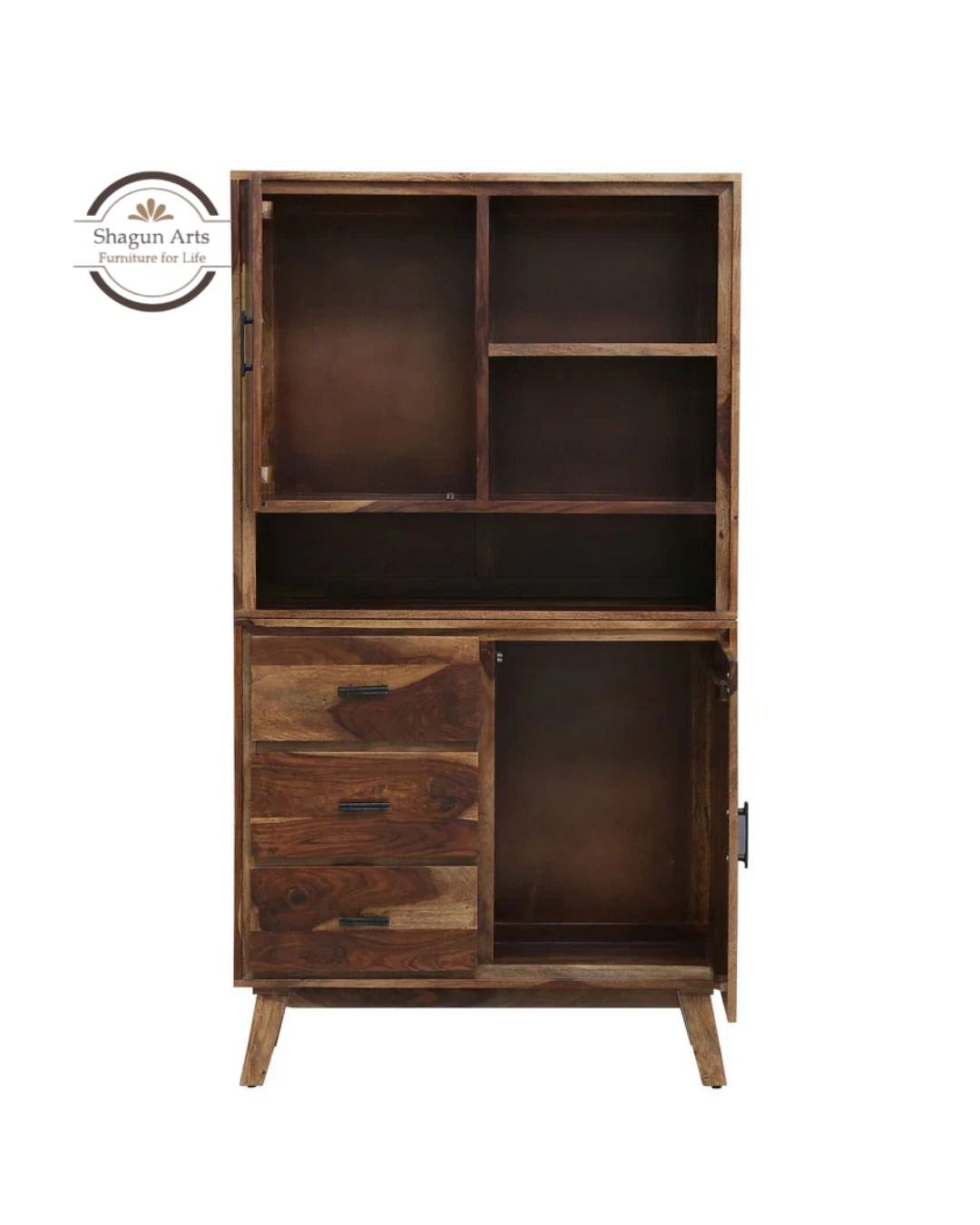 Portus Solid Sheesham Wood Multi-Storage Cabinet with Shelves, Drawers & Door In Rustic Teak Finish