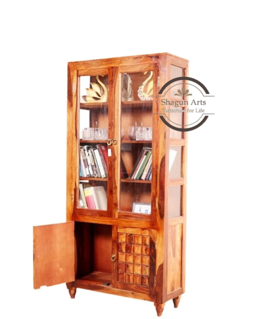 Nyla Solid Sheesham Wood Glass Door Display Cabinet with Storage