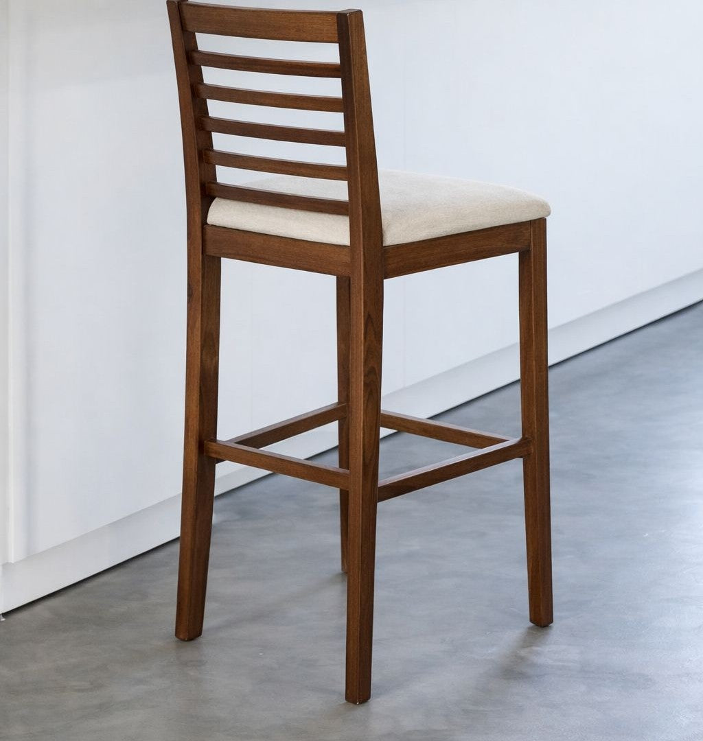 Solid Sheesham Handcrafted Wooden Bar Stool with Cushioned Seat & Slatted Backrest
