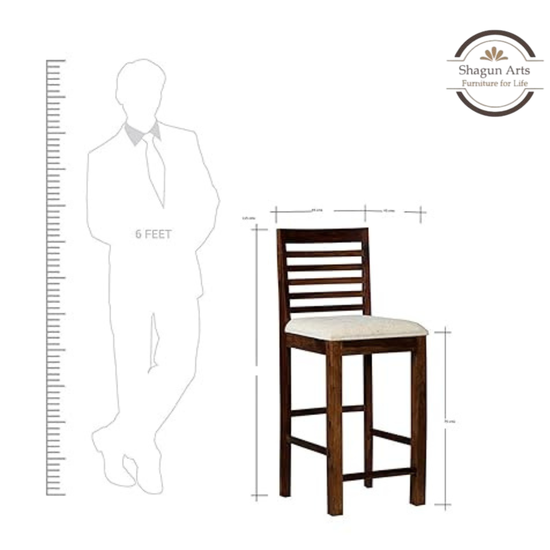 Solid Sheesham Handcrafted Wooden Bar Stool with Cushioned Seat & Slatted Backrest