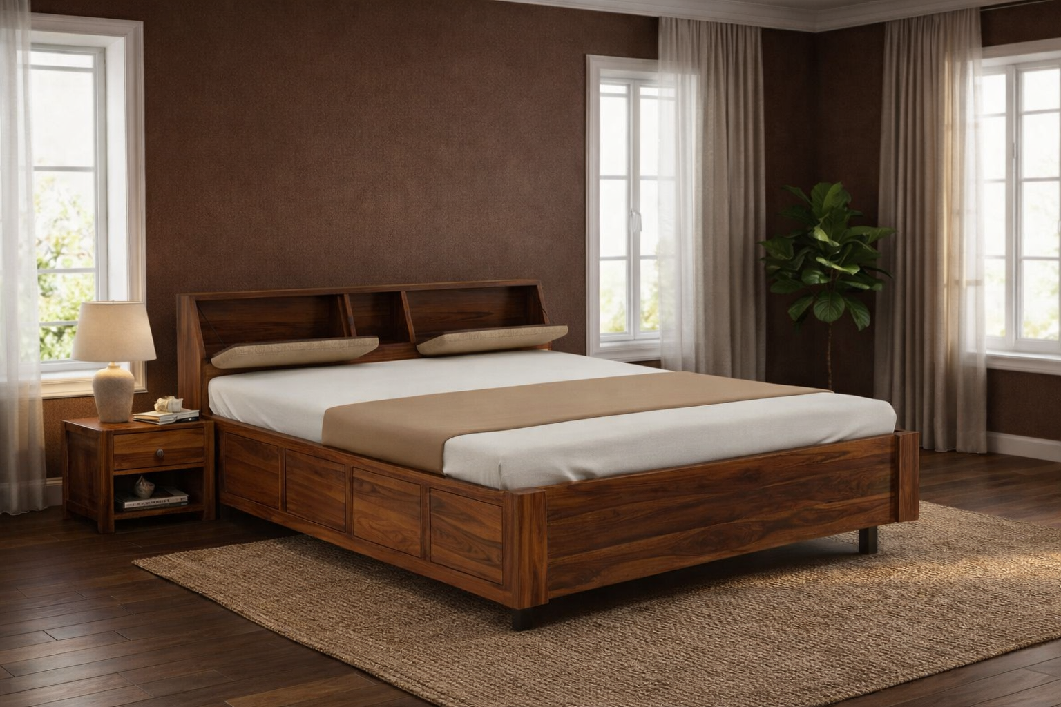 Laken Solid Sheesham Wood King Size Bed in Honey Oak Finish
