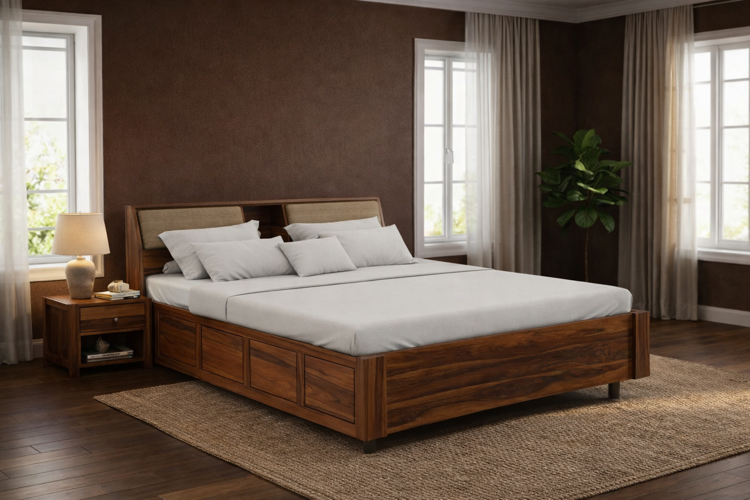 Laken Solid Sheesham Wood King Size Bed in Honey Oak Finish