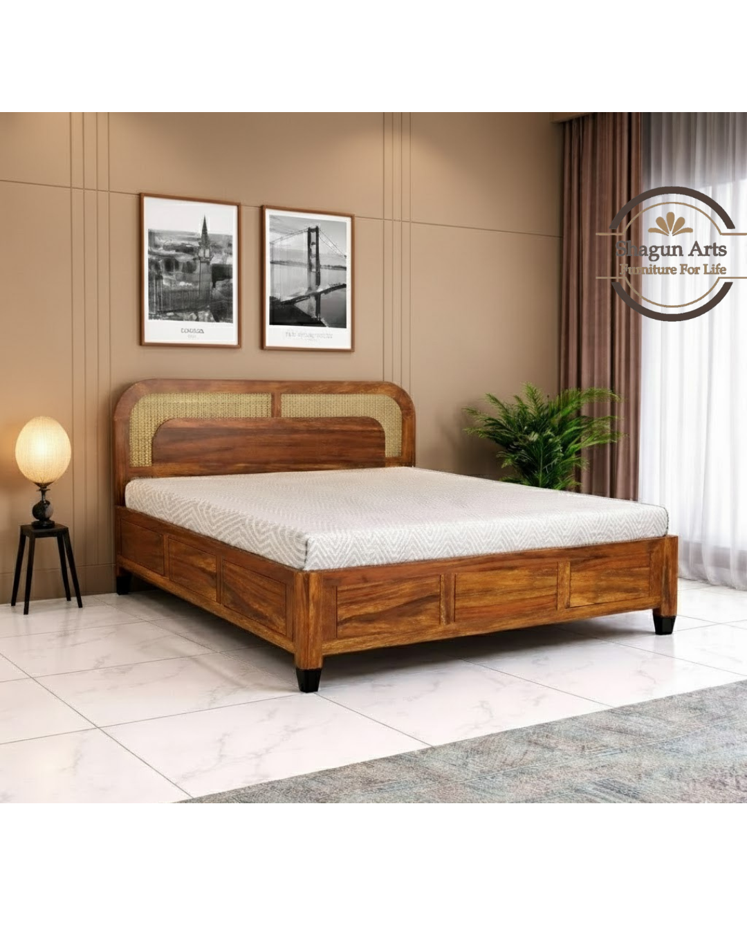 Brixton Solid Sheesham Wood King Size Bed in Honey Oak Finish