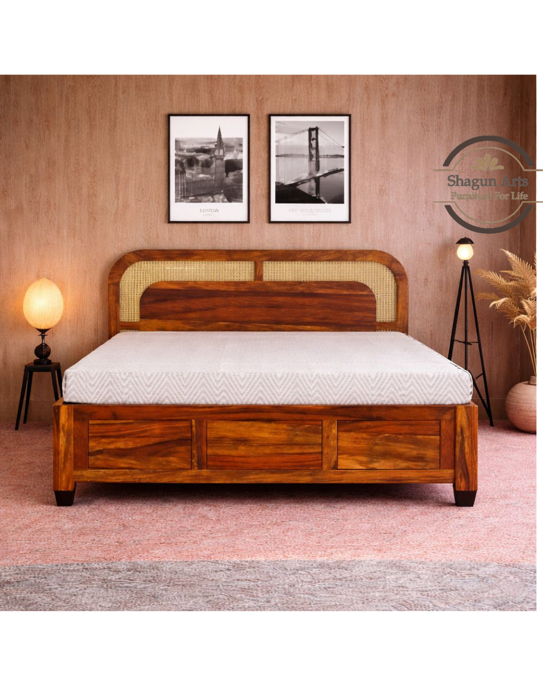 Brixton Solid Sheesham Wood King Size Bed in Honey Oak Finish