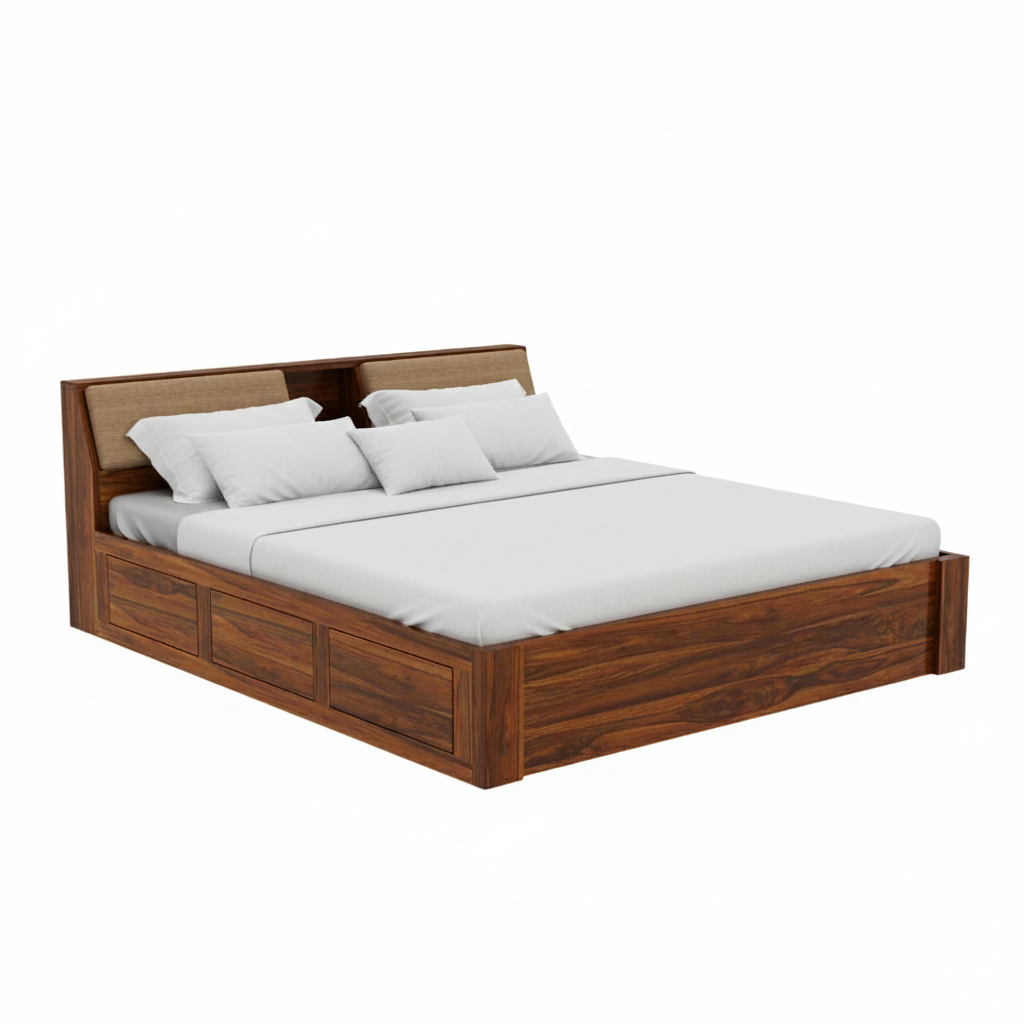 Laken Solid Sheesham Wood King Size Bed in Honey Oak Finish