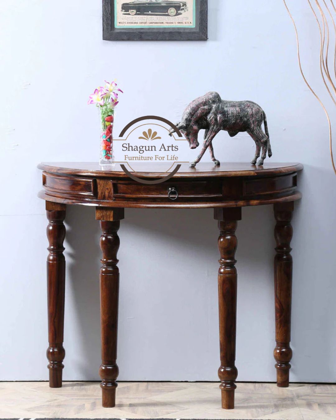 Wooden Half Round Console Table for Living Room