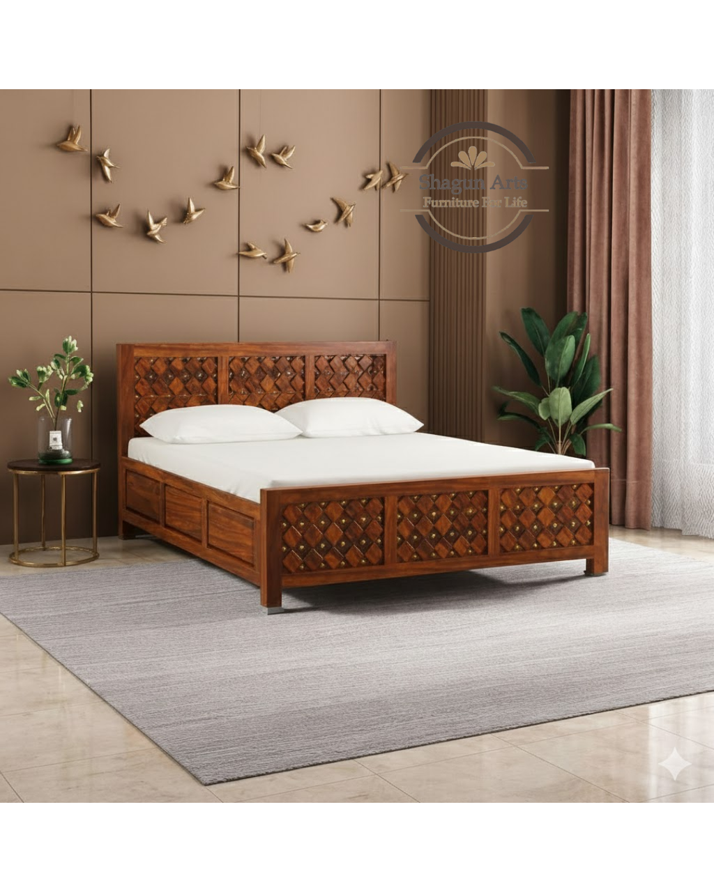 Giselle Solid Sheesham Wood King Size Bed in Honey Oak Finish