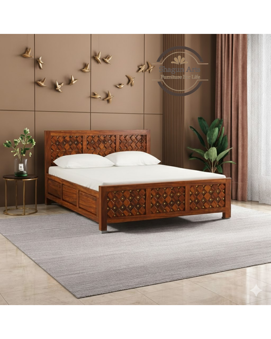 Giselle Solid Sheesham Wood King Size Bed in Honey Oak Finish