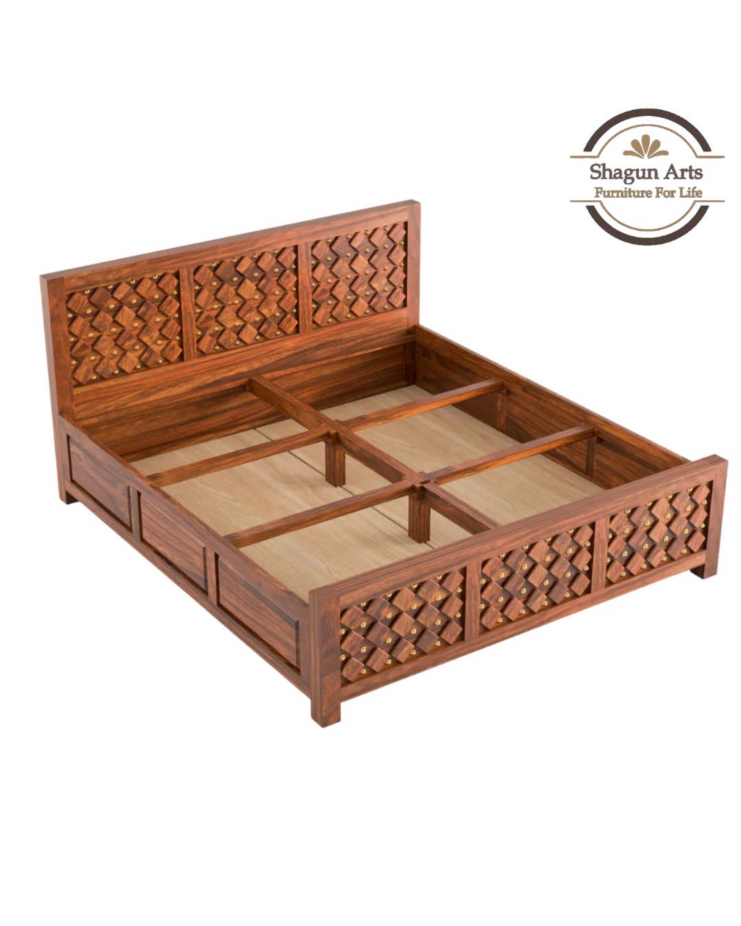 Giselle Solid Sheesham Wood King Size Bed in Honey Oak Finish