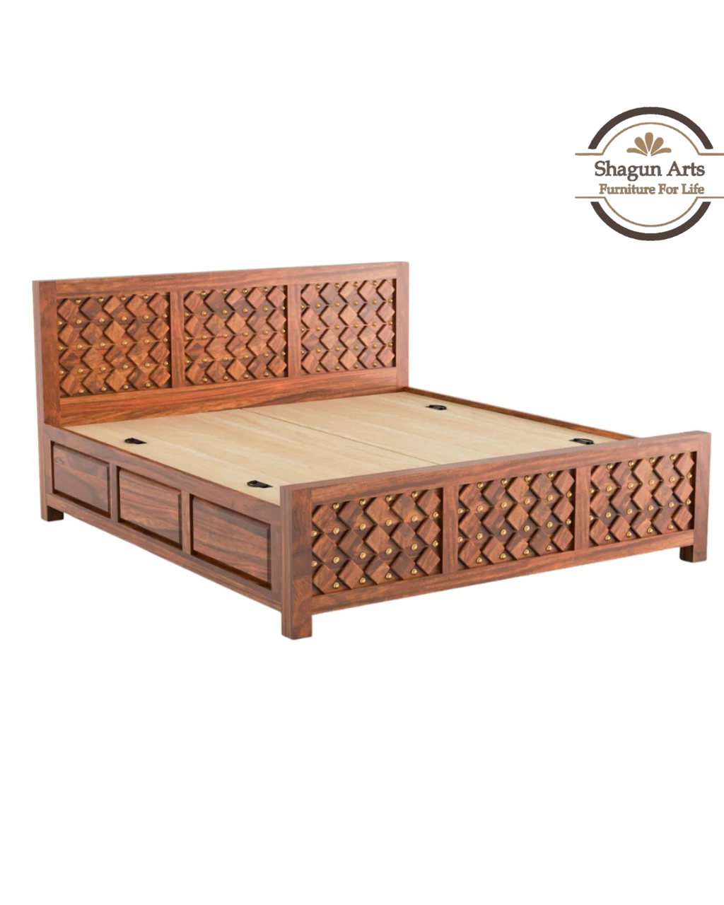 Giselle Solid Sheesham Wood King Size Bed in Honey Oak Finish