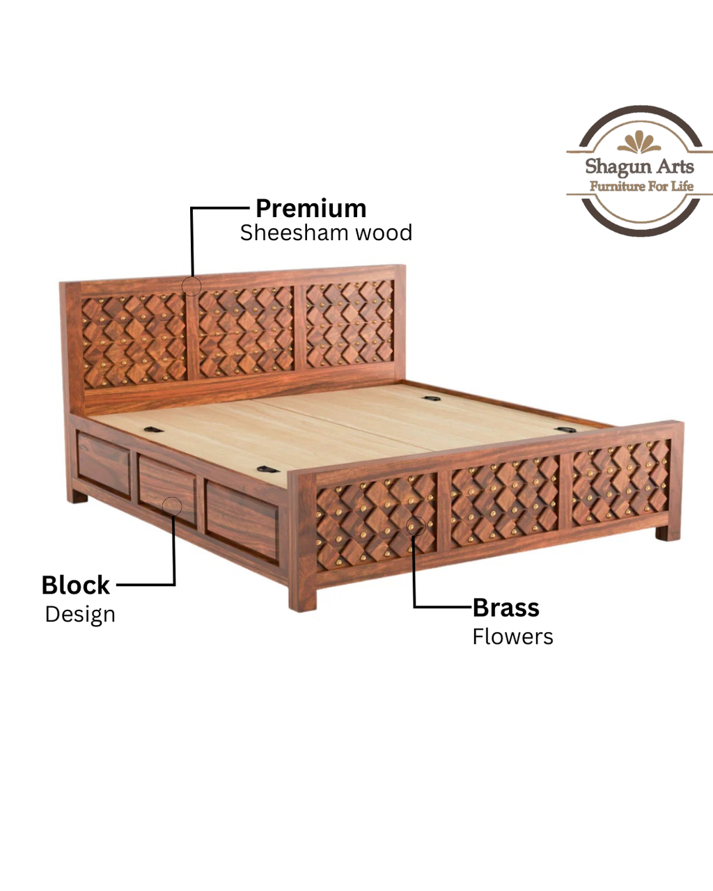 Giselle Solid Sheesham Wood King Size Bed in Honey Oak Finish