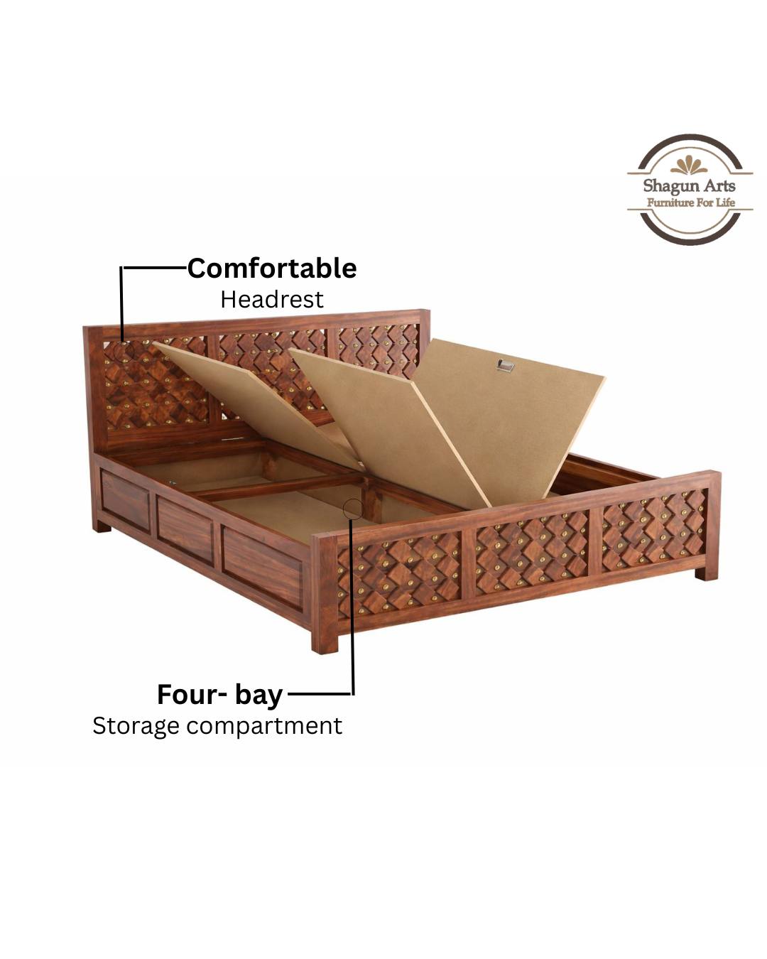 Giselle Solid Sheesham Wood King Size Bed in Honey Oak Finish