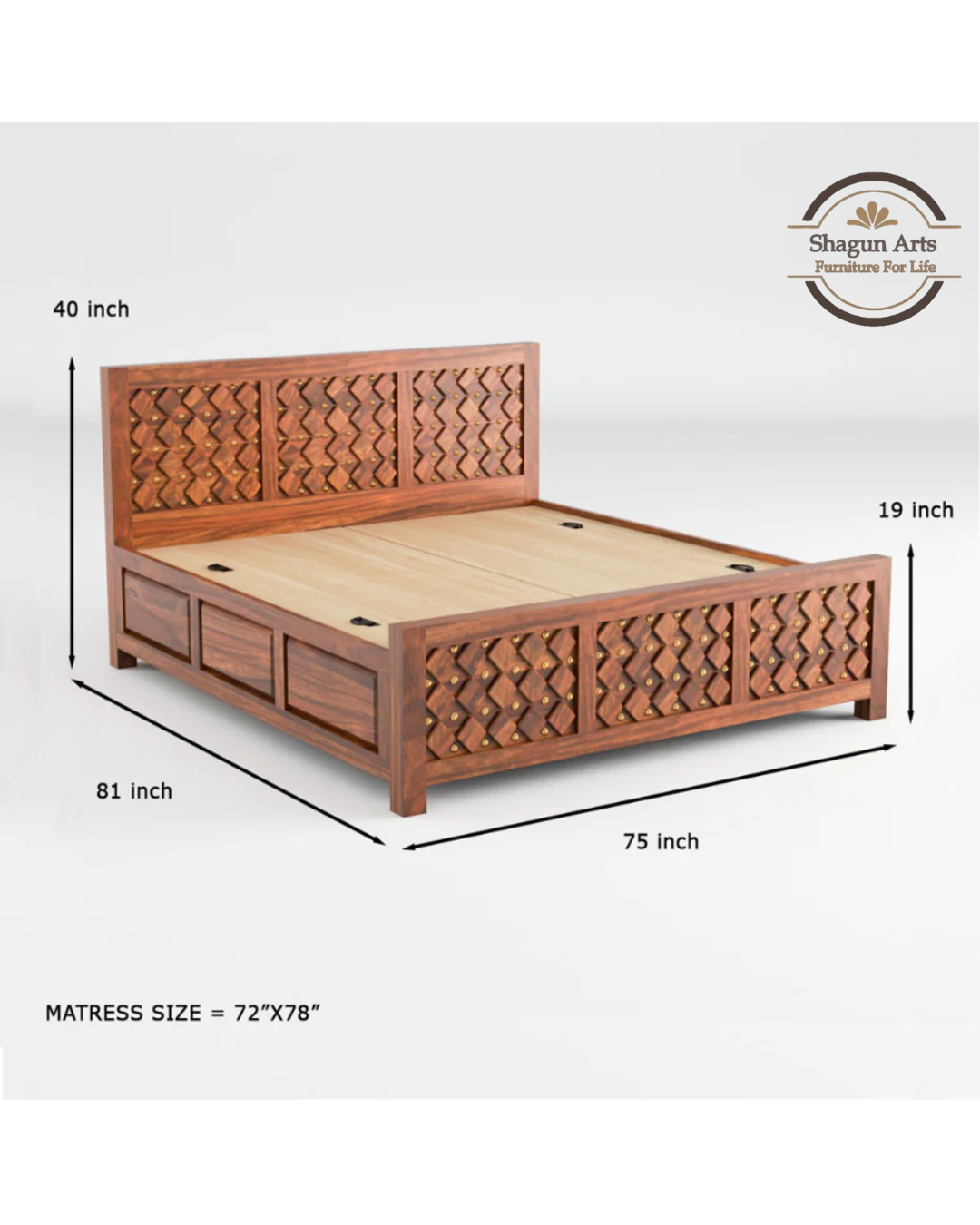 Giselle Solid Sheesham Wood King Size Bed in Honey Oak Finish