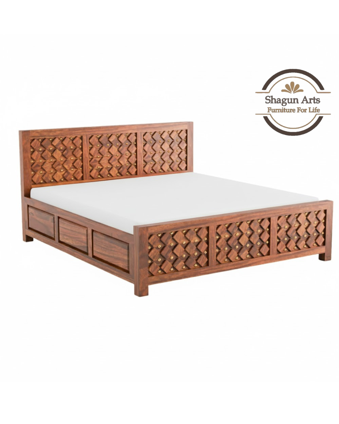 Giselle Solid Sheesham Wood King Size Bed in Honey Oak Finish