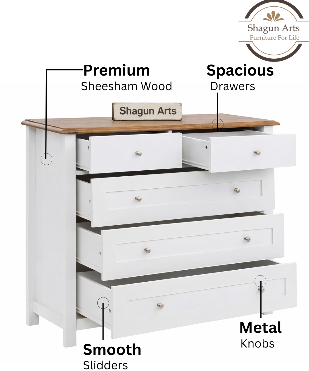 Wooden Chest of Drawer in White Finish