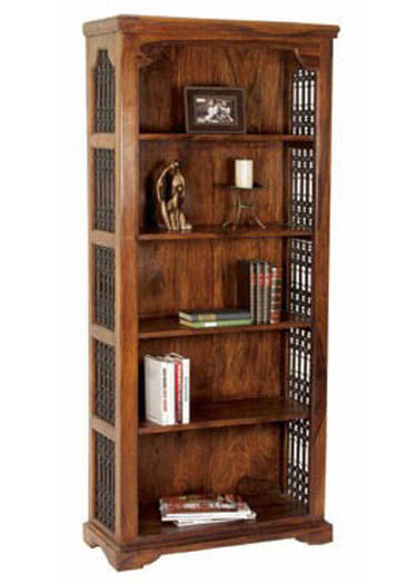 Alvin Solid Sheesham 5-Shelf Bookshelf with Decorative Side Panels In Honey Oak Finish