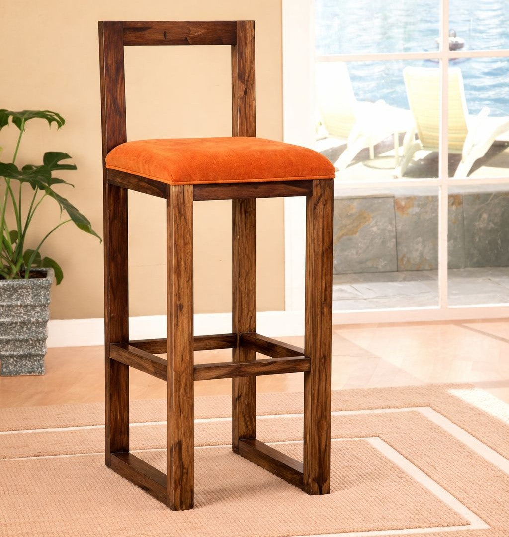 Rustic Solid Wood Counter Stool with Upholstered Seat