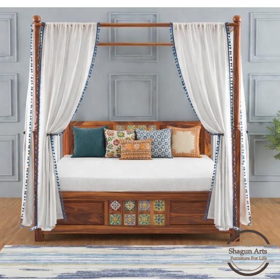Solid Sheesham Wood King Size Poster Bed in Natural Finish