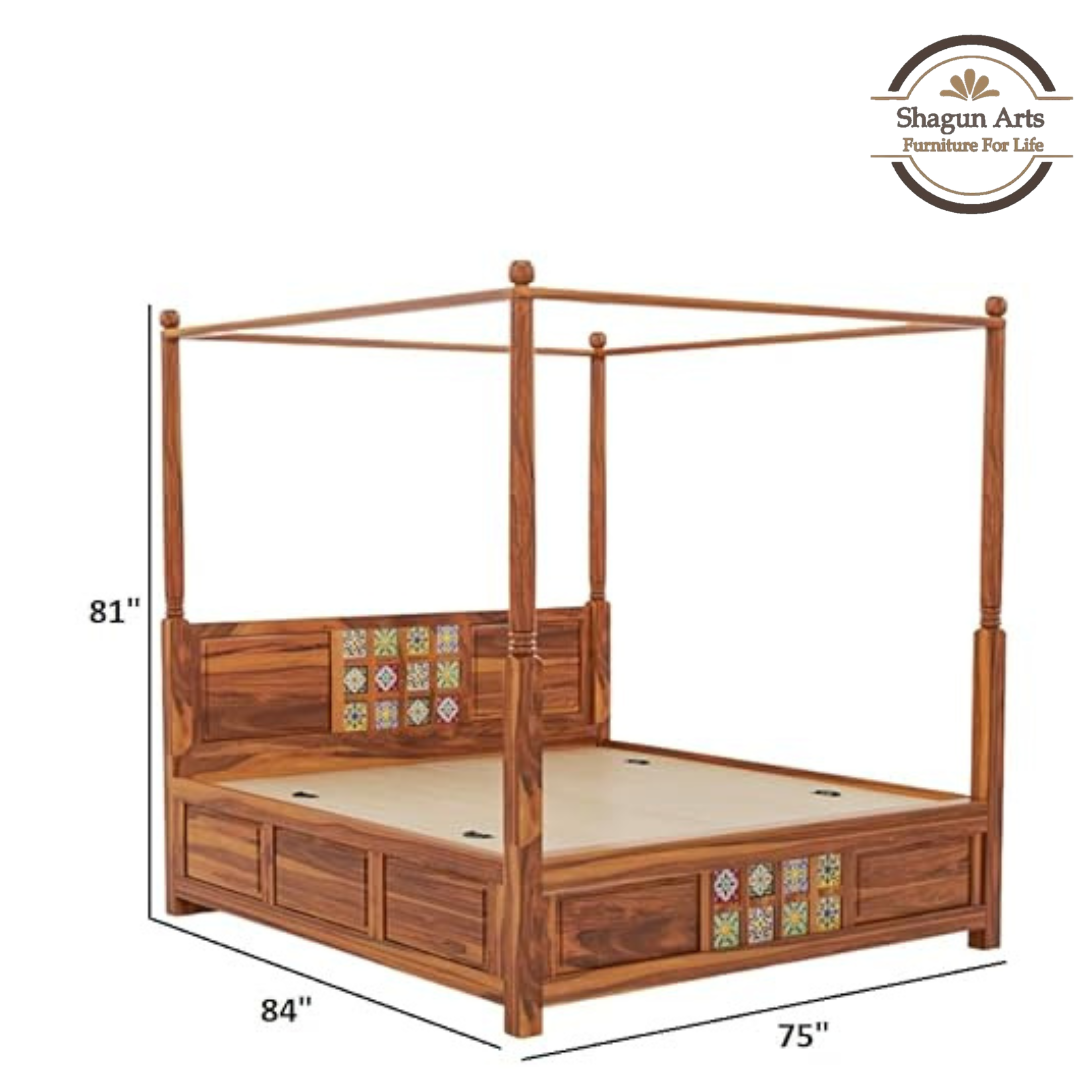 Solid Sheesham Wood King Size Poster Bed in Natural Finish