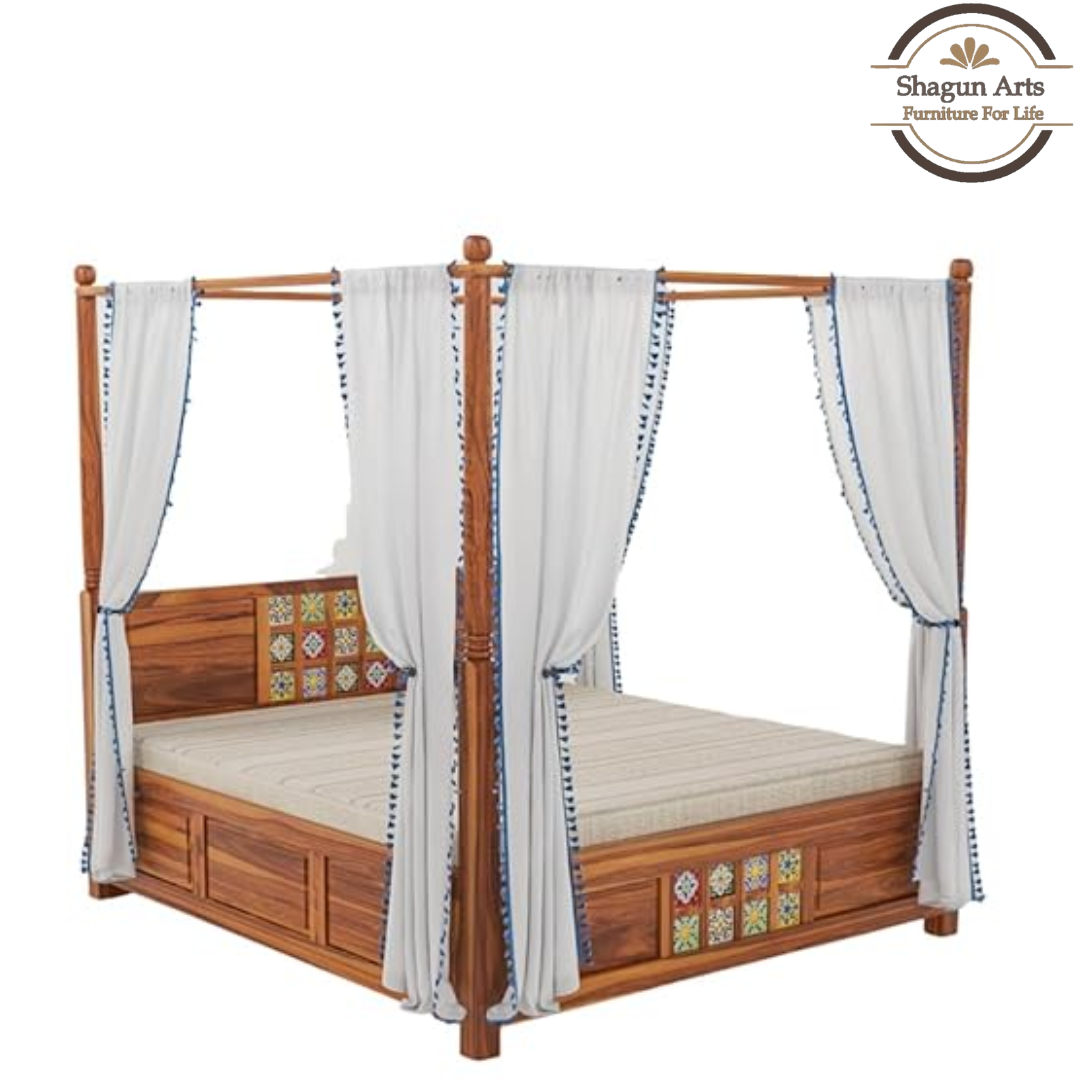 Solid Sheesham Wood King Size Poster Bed in Natural Finish