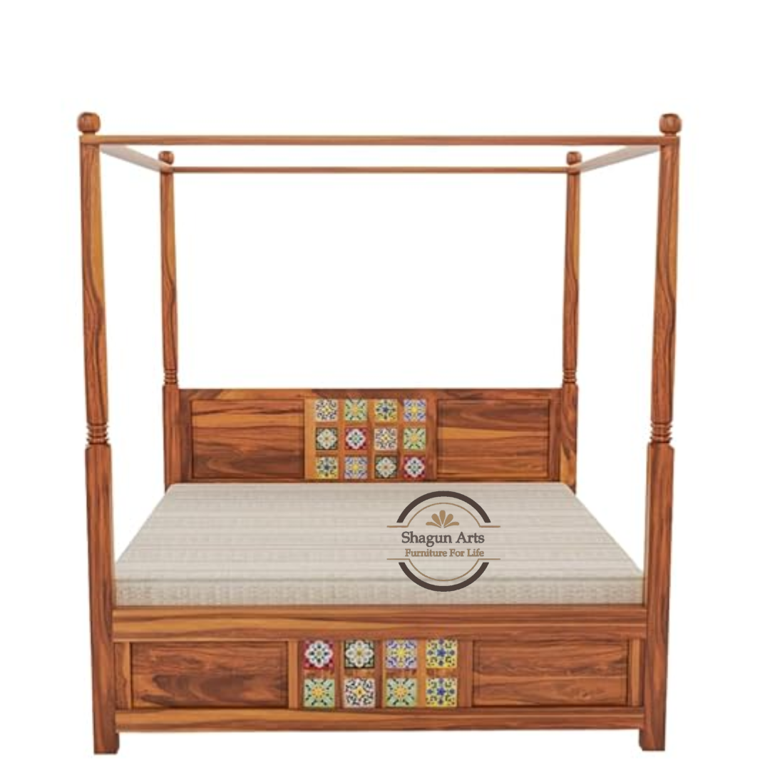 Solid Sheesham Wood King Size Poster Bed in Natural Finish