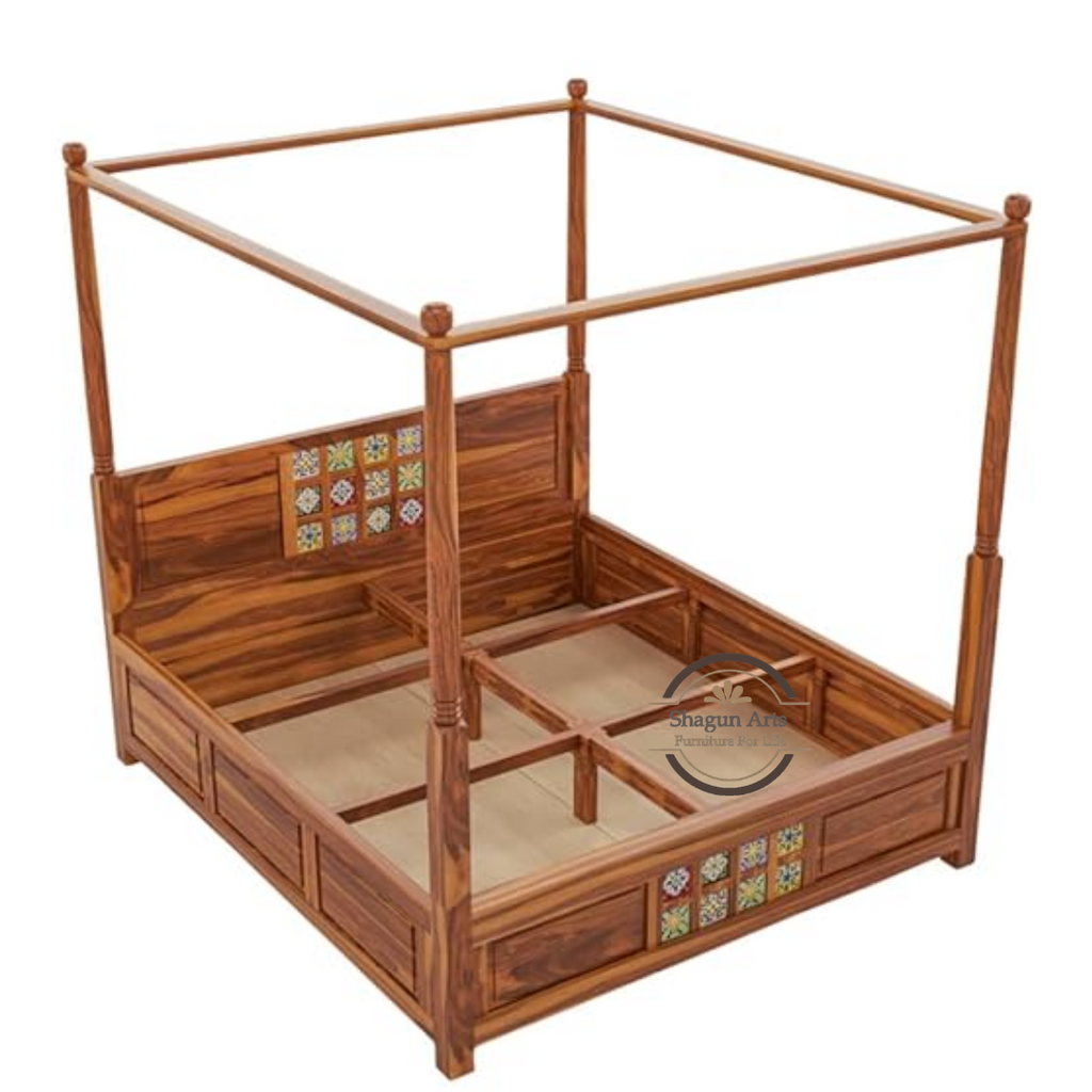 Solid Sheesham Wood King Size Poster Bed in Natural Finish
