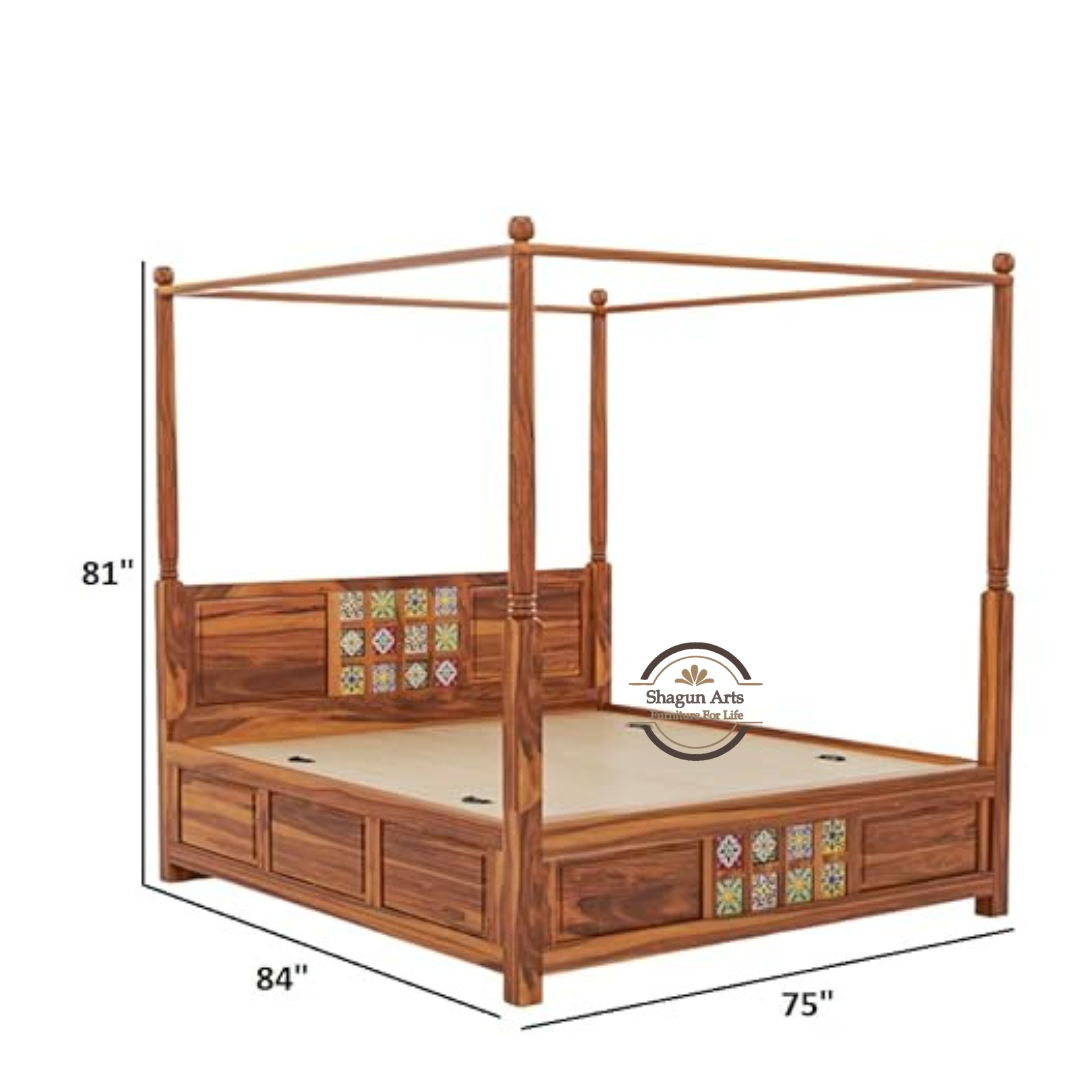 Solid Sheesham Wood King Size Poster Bed in Natural Finish