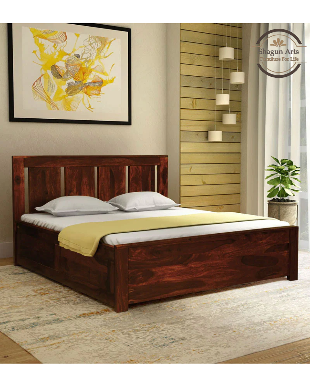 Denzel  Solid Wood King Size Bed with Storage in Honey Oak Finish
