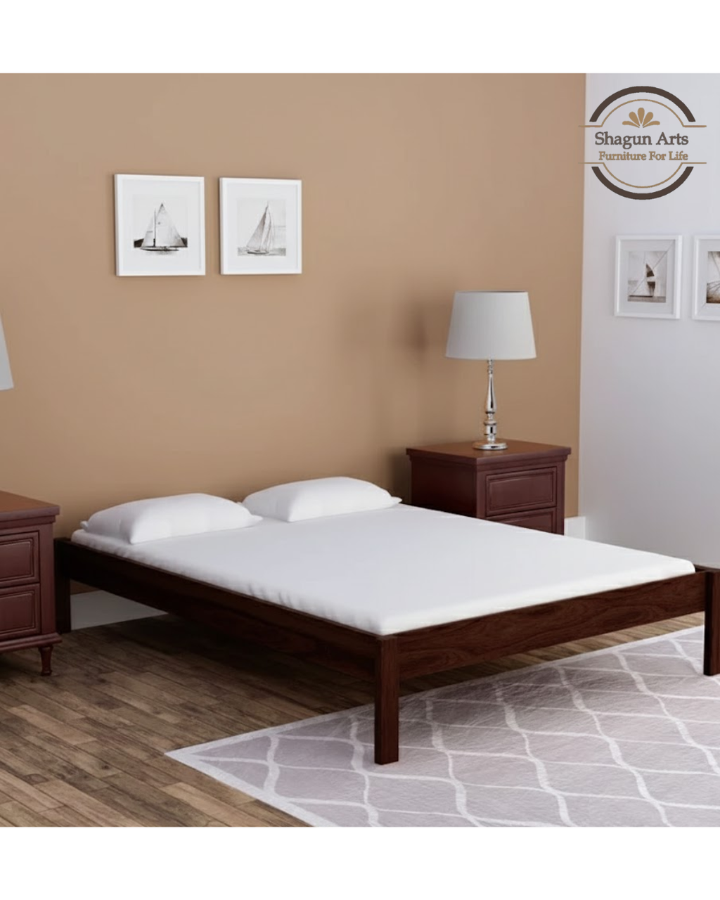 Upholstered Solid Wood Queen Size Bed in Provincial Teak Finish
