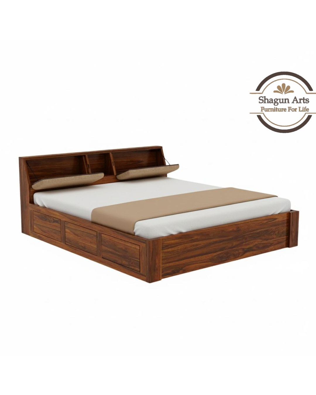 Laken Solid Sheesham Wood King Size Bed in Honey Oak Finish