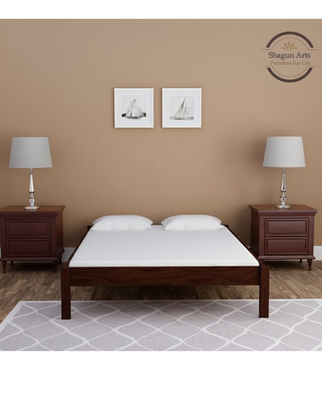 Upholstered Solid Wood Queen Size Bed in Provincial Teak Finish