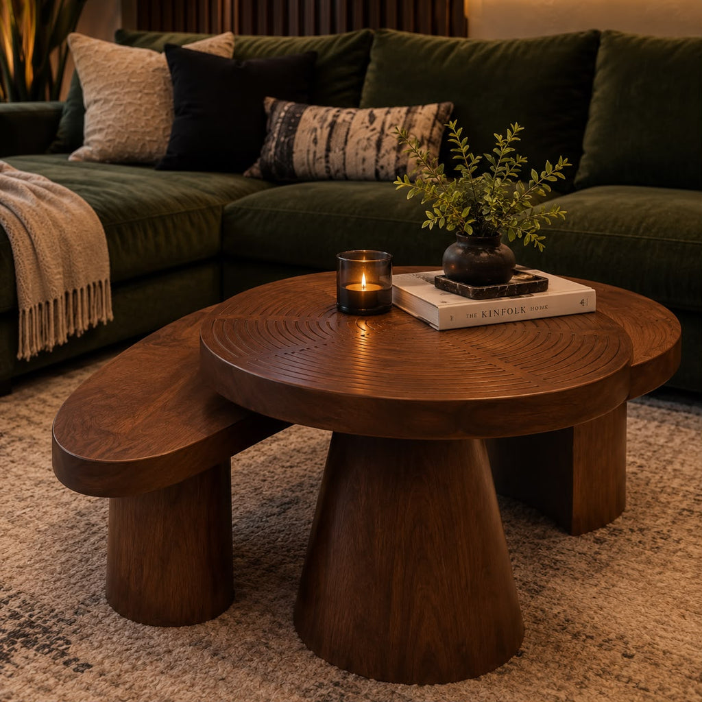 Shagun Arts Solid Sheesham Wood Round Coffee Table with Artistic Carved Top | Modern Luxury Wooden Center Table In Honey Oak Finish