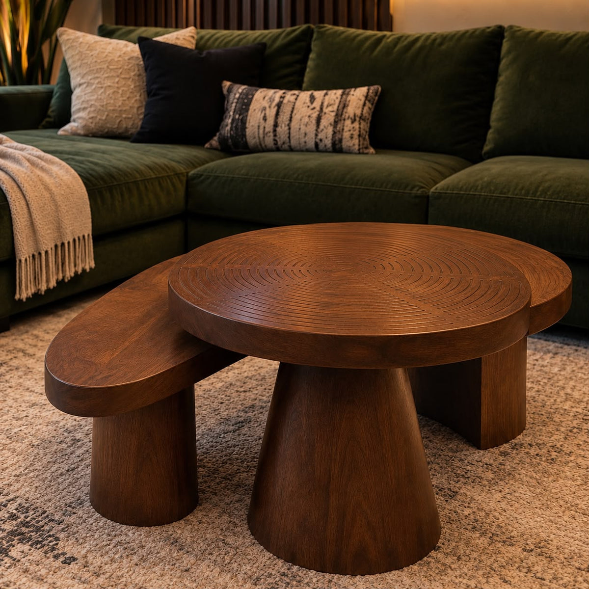 Shagun Arts Solid Sheesham Wood Round Coffee Table with Artistic Carved Top | Modern Luxury Wooden Center Table In Honey Oak Finish