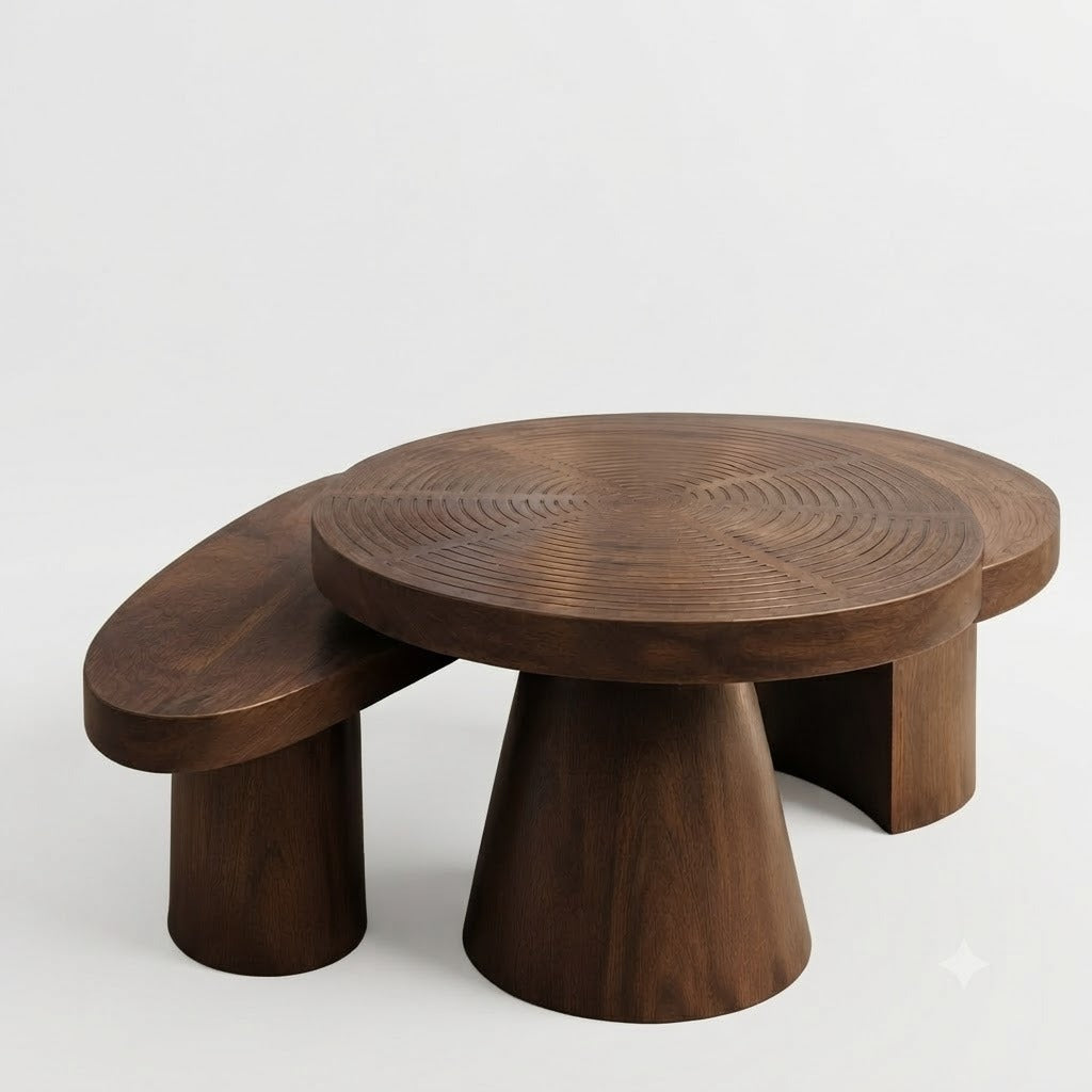 Shagun Arts Solid Sheesham Wood Round Coffee Table with Artistic Carved Top | Modern Luxury Wooden Center Table In Honey Oak Finish
