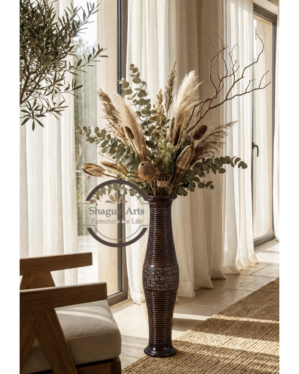 Handcrafted Tall Carved Wooden Decorative Vase