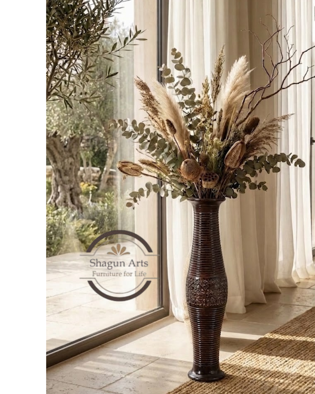 Handcrafted Tall Carved Wooden Decorative Vase