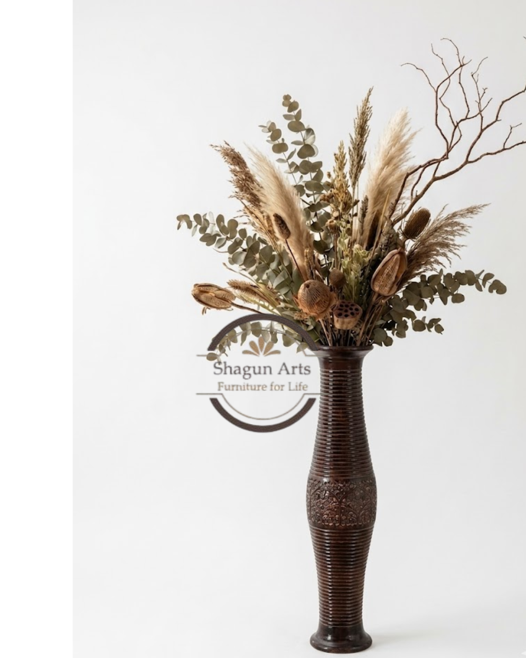 Handcrafted Tall Carved Wooden Decorative Vase